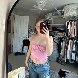 Pink Ribbed Tube Top with Ruched Detail